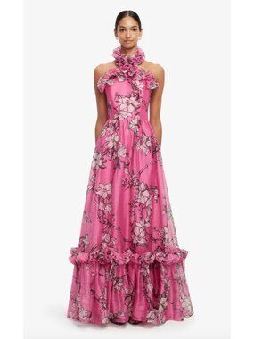 NWT Leo Lin $1495 Ruffled Halterneck Maxi Dress Size 6 Pink Magnolia Floral